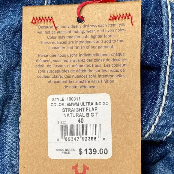 True Religion Straight Natural Big T Flap Denim Jeans Men's 40 Mid Rise Blue NWT